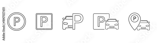 Parking lot car icon, auto vehicle symbol, park area vector illustration, traffic signs, garage location pin, isolated on transparent background.