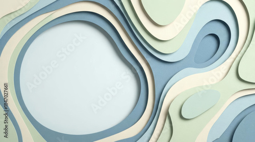 Abstract Layered Paper Cutout Background with Wavy Pastel Blue and Green Tones and Central Copy Space