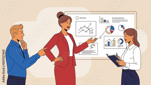 Business Leadership Concept. Vector illustration of a diverse office team discussing ideas, finance, and growth strategy. Teamwork, innovation, and project planning concept.