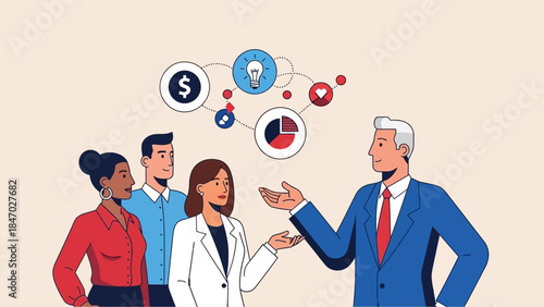 Business Leadership Concept. Vector illustration of a diverse office team discussing ideas, finance, and growth strategy. Teamwork, innovation, and project planning concept.