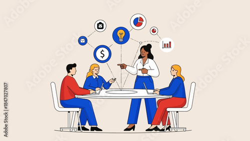 Business Leadership Concept. Vector illustration of a diverse office team discussing ideas, finance, and growth strategy. Teamwork, innovation, and project planning concept.