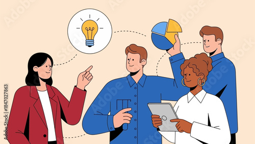 Business Leadership Concept. Vector illustration of a diverse office team discussing ideas, finance, and growth strategy. Teamwork, innovation, and project planning concept.