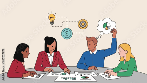 Business Leadership Concept. Vector illustration of a diverse office team discussing ideas, finance, and growth strategy. Teamwork, innovation, and project planning concept.