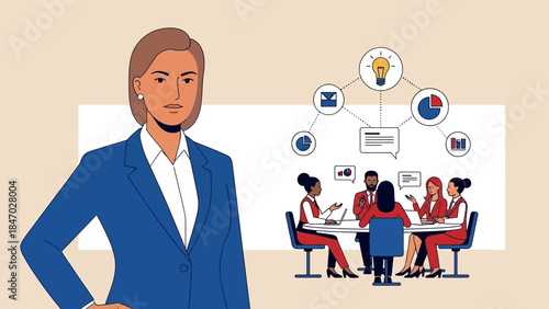 Business Leadership Concept. Vector illustration of a diverse office team discussing ideas, finance, and growth strategy. Teamwork, innovation, and project planning concept.