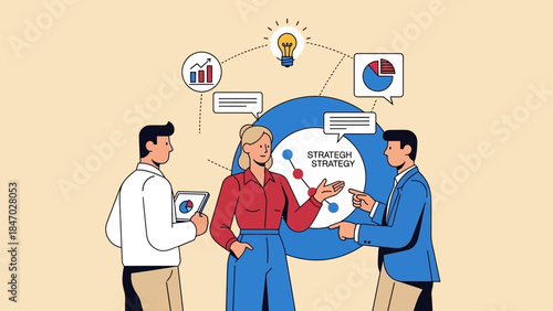 Business Leadership Concept. Vector illustration of a diverse office team discussing ideas, finance, and growth strategy. Teamwork, innovation, and project planning concept.