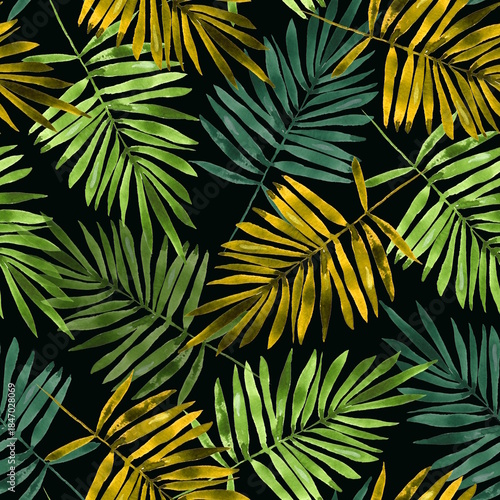 Seamless pattern Illustration featuring hand-drawn watercolor palm leaves in shades of green and yellow on black background