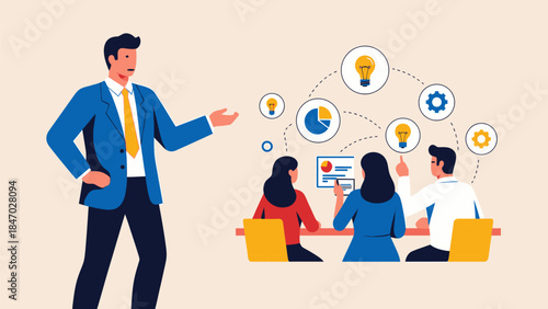 Business Leadership Concept. Vector illustration of a diverse office team discussing ideas, finance, and growth strategy. Teamwork, innovation, and project planning concept.