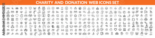 Charity and Donation set of web icons in line style. Volunteering and donation icons for web and mobile app. Help, caring, solidarity, alms, donate, volunteer, care, charity and more.  big icon set.