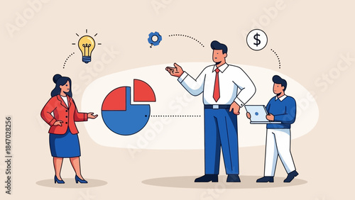 Business Leadership Concept. Vector illustration of a diverse office team discussing ideas, finance, and growth strategy. Teamwork, innovation, and project planning concept.