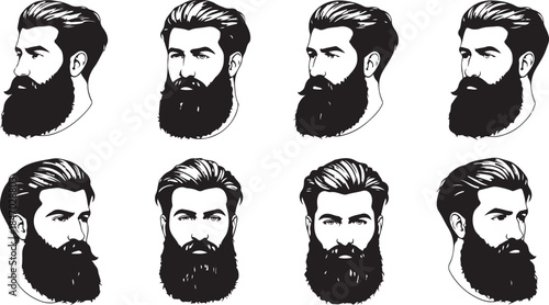 Bearded Men Hairstyle engraving sketch silhouette 