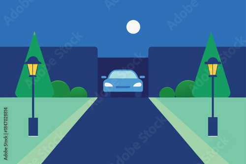 view-from-driveway-symmetrical-garden-lit-car