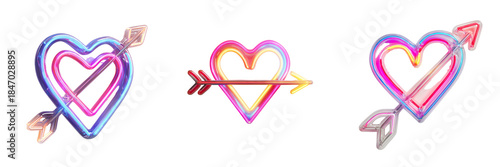 Set of Pink neon heart icon with gentle illumination on white surface, clean and simple design on transparent png background. Ai generated