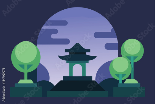 zen-garden-glowing-bonsai-trees-arched-bridge