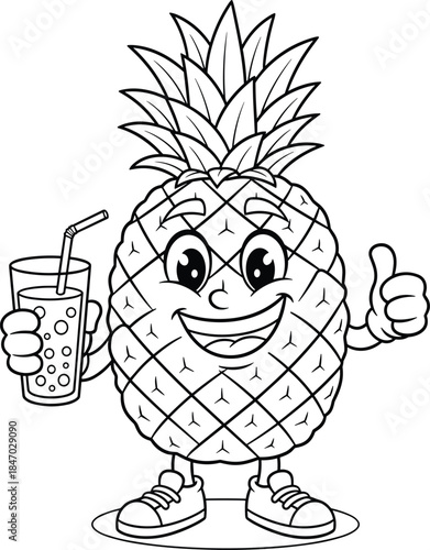 Cartoon pineapple character, smiling fruit mascot, thumbs up gesture, tropical juice drink, fun kids illustration, healthy lifestyle, black and white drawing
