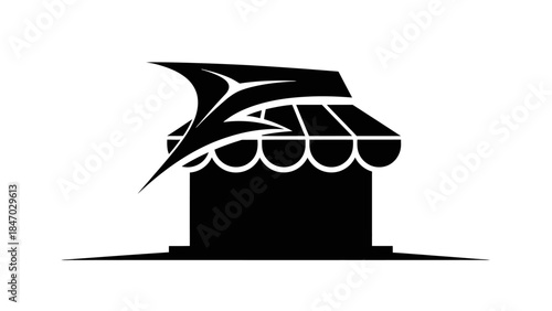 Black silhouette of a market stall or shop with a scalloped awning and a dynamic, abstract fish-like logo on top.
