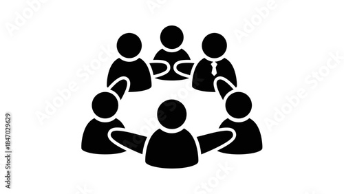 Black silhouette icon of seven people sitting in a circle, representing a meeting or discussion.
