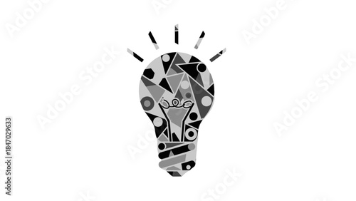 A lightbulb icon composed of abstract geometric shapes in monochrome, radiating light.