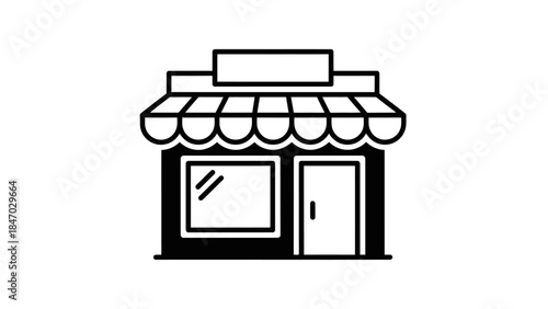 A simple black and white line drawing of a storefront with an awning and a sign.