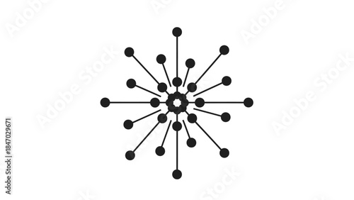 A black and white abstract design featuring a central point with radiating lines and circles, resembling a starburst or network.
