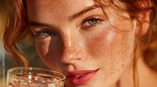 Wallpaper Mural Woman with Freckles Enjoying Refreshing Drink in Natural Light Torontodigital.ca