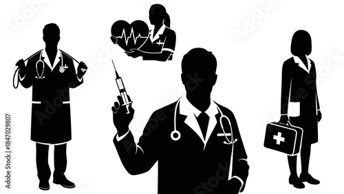 Medical Silhouette: A collection of physician silhouettes depict a variety of medical professionals in their work, carrying essential tools, embodying care and healing.