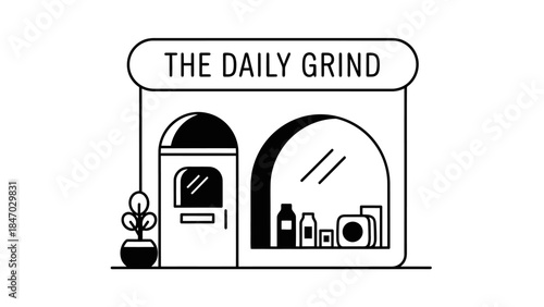 Cafe Silhouette: A minimalist, clean-lined illustration depicts the facade of a coffee shop, showcasing the essence of everyday life and routine, suggesting the calm of morning.