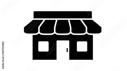 Shop Icon: A minimalist, high-contrast silhouette of a classic storefront, representing commerce and retail.