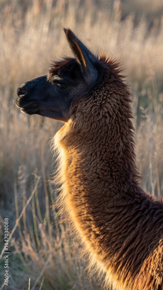 Naklejka premium Llama Portrait at Golden Hour: Wild Animal in Natural Habitat Bathed in Warm Sunlight