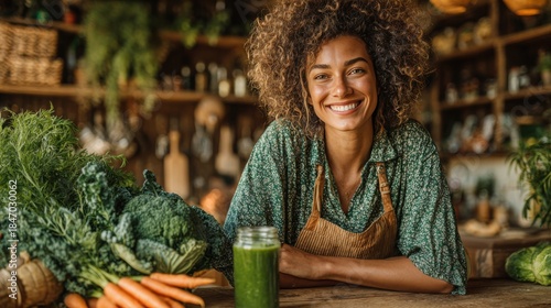Wallpaper Mural Smiling woman with green smoothie in organic vegetable market Torontodigital.ca