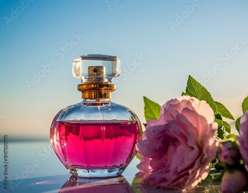 Elegant Perfume Bottle with Pink Rose Essence at Sunset – Luxury Fragrance & Floral Scent, Natural Beauty Product Display