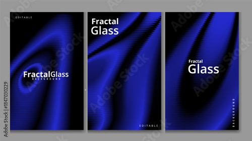 Three blue fractal glass design templates with a dark background and white text, for branding or advertising purposes, with a sleek modern aesthetic