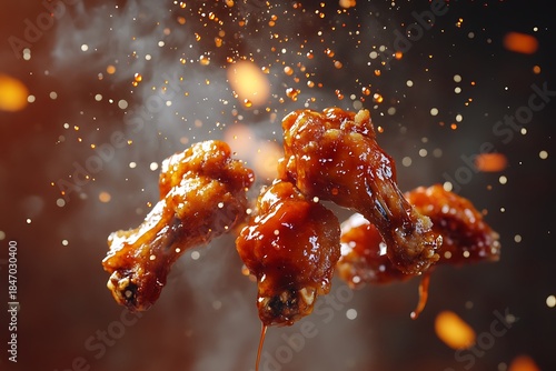 Halal chicken wings tossed into the air, spicy BBQ sauce splashing all around 