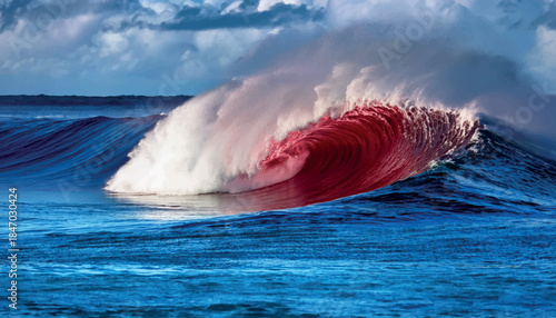 Dramatic ocean wave crashing with a striking red accent in the water vector. Powerful seascape capturing motion, energy, nature’s force, and artistic surreal color contrast.