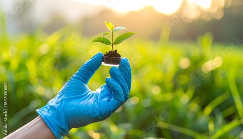 Nurturing Green Future: Hand in Blue Glove Holding Plant Seedling. Sustainable Growth, Environmental Protection, Nature Cultivation & Eco-Innovation.
