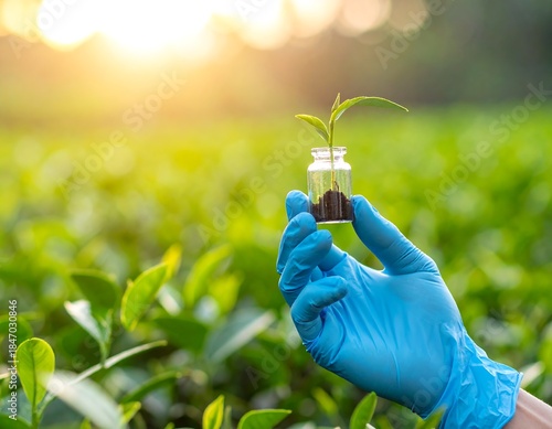 Scientific Cultivation: Gloved Hand Holds Young Plant Sprout in Research Vial. Exploring Sustainable Agriculture, Biotechnology, and Environmental Growth in a Lush Green Field at Golden Hour.