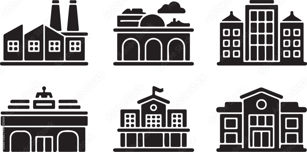 Fototapeta premium Black industrial and public building silhouette icons representing factories and civic architecture