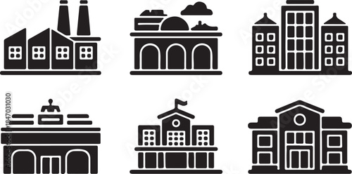 Black industrial and public building silhouette icons representing factories and civic architecture