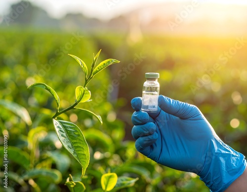 Plant Biotechnology Research: Scientist Hand Holds Vial in Green Field for Agricultural Innovation & Natural Product Development