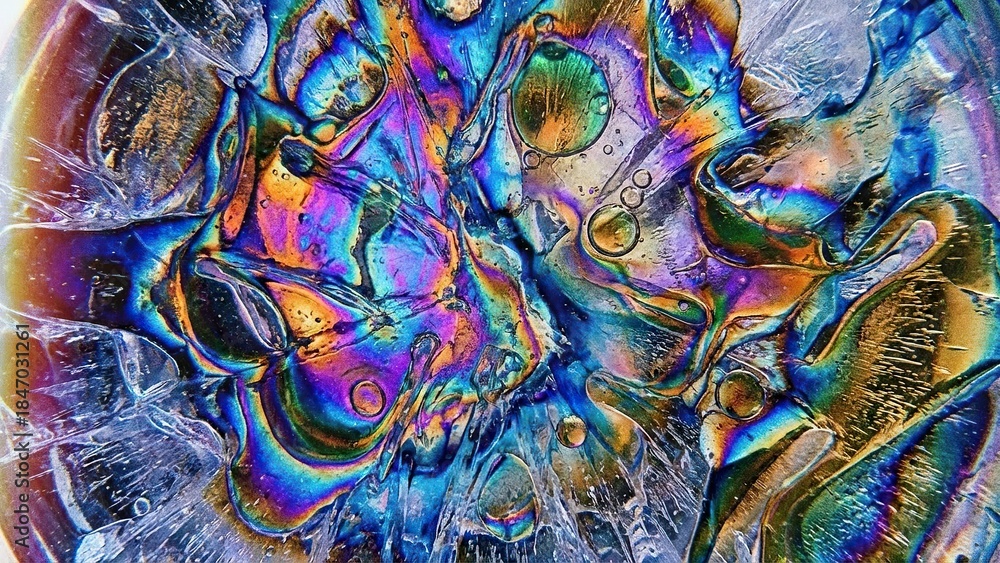 Fototapeta premium Macro Abstract of Colorful Iridescent Ice with Cracks and Bubbles, Showcasing a Psychedelic and Textured Winter Background