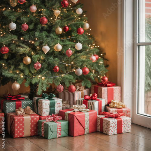Wallpaper Mural "Decorated Christmas Tree with Assorted Wrapped Gifts Underneath by Sunny Window — Cozy Holiday Living Room Scene" Torontodigital.ca