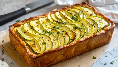 Savory Zucchini Tart: Fresh Vegetable Pastry with Golden Crust. Delicious Baked Dish for Healthy Appetizers & Meals