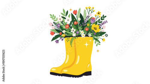 Bright yellow rain boots used as a creative vase for a vibrant bouquet of colorful wildflowers, sparkling with a cheerful glow.