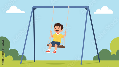 Happy young boy with a joyful expression has fun playing on a swing set at an outdoor park on a sunny day with clouds in the sky.