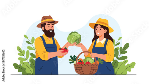 Happy male and female farmers in overalls sharing their fresh harvest of organic vegetables, including cabbage, tomatoes, and carrots.