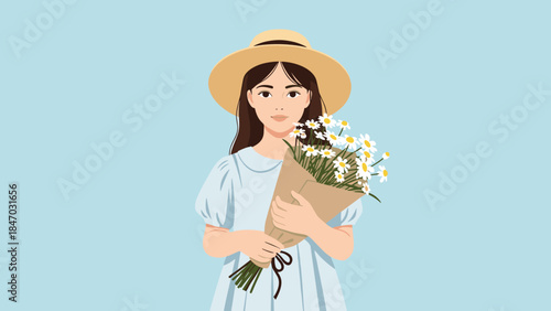 Portrait of a lovely young woman in a straw hat and a blue dress, holding a beautiful bouquet of fresh white daisy flowers.