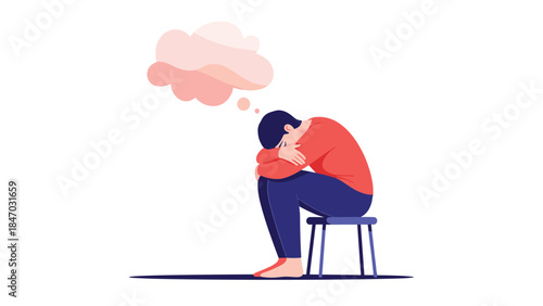 Person sitting hunched over on a stool in despair, with a thought bubble indicating stress, depression, or mental health issues.