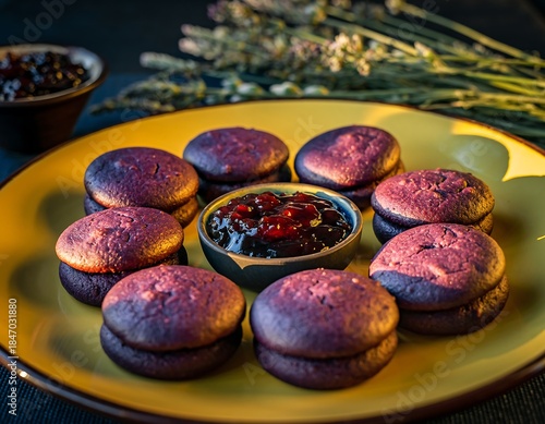 Gourmet Purple Sandwich Cookies with Rich Berry Preserve. Delicious Baked Dessert Treats on a Vibrant Yellow Plate.