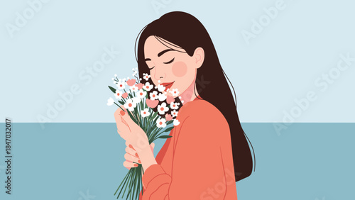 Portrait of a beautiful woman with her eyes closed, enjoying the lovely scent of a fresh bouquet of wildflowers she is holding.