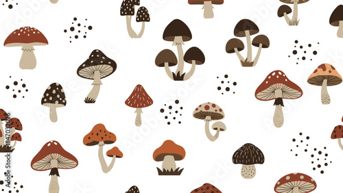 Seamless pattern with various types of hand-drawn forest mushrooms in earthy tones on a white background, great for textiles.
