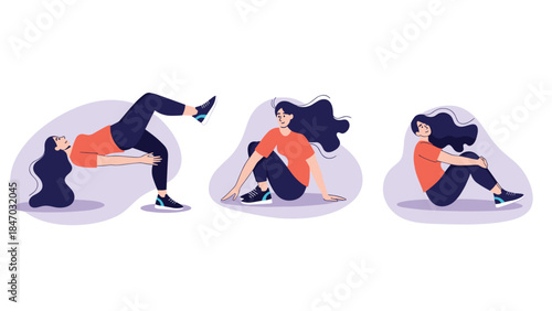 Set of illustrations showing a young woman with long dark hair doing various stretching and flexibility exercises on the floor.